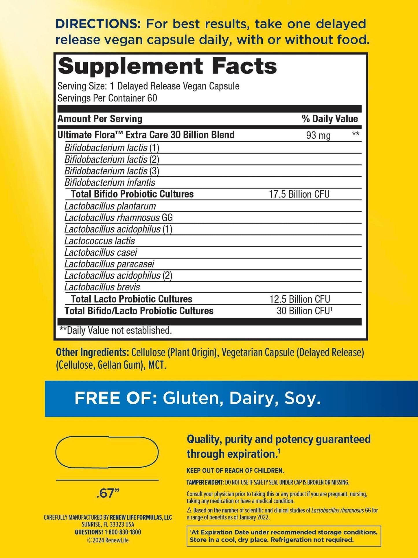 Renew Life adult digestive supplement showing nutritional facts and 12 probiotic strains