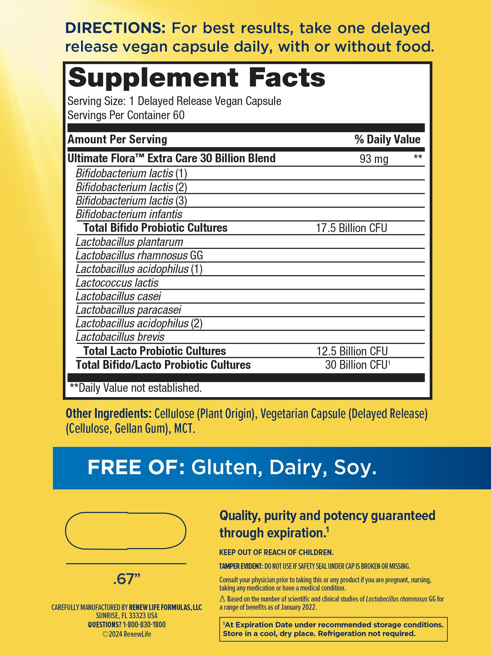 Renew Life adult digestive supplement showing nutritional facts and 12 probiotic strains