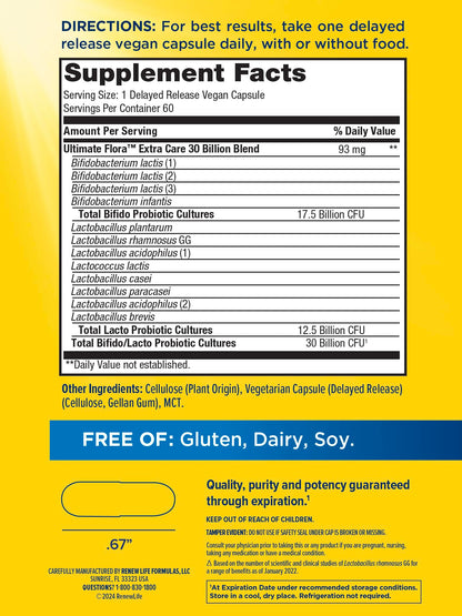 Renew Life adult digestive supplement showing nutritional facts and 12 probiotic strains