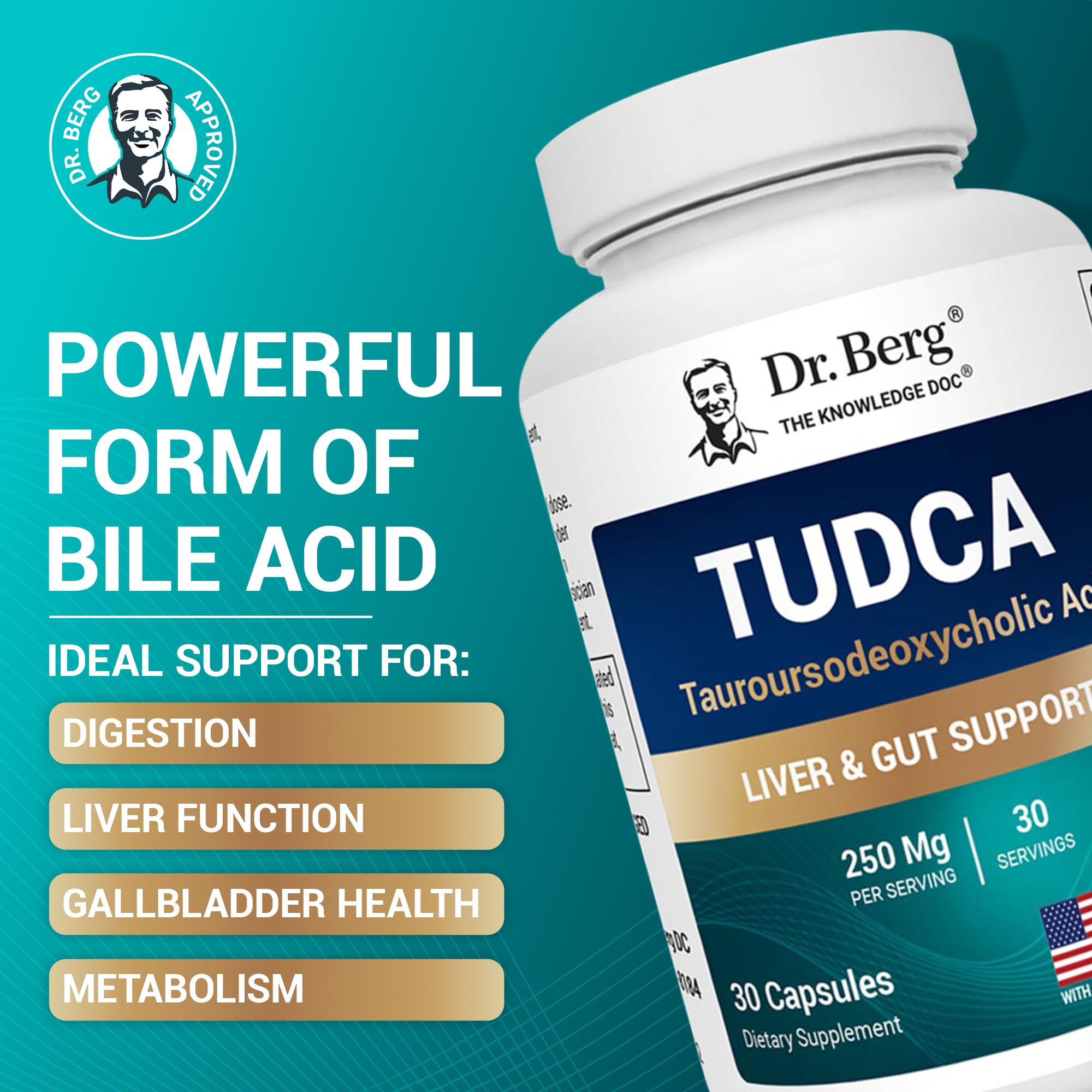 Dr. Berg Tauroursodeoxycholic Acid 30 capsules bottle supplement facts panel