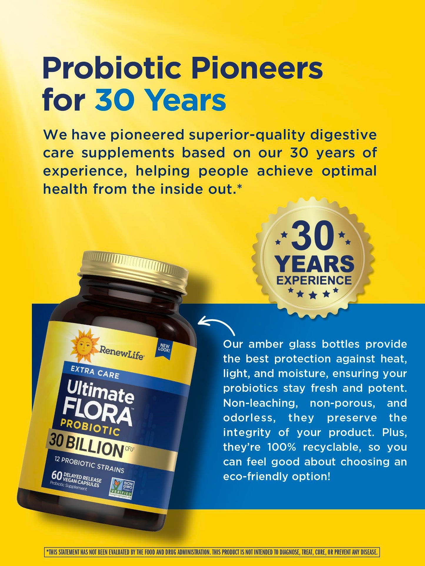 Renew Life Ultimate Flora 30 Billion CFU bottle showing delayed release capsule technology information