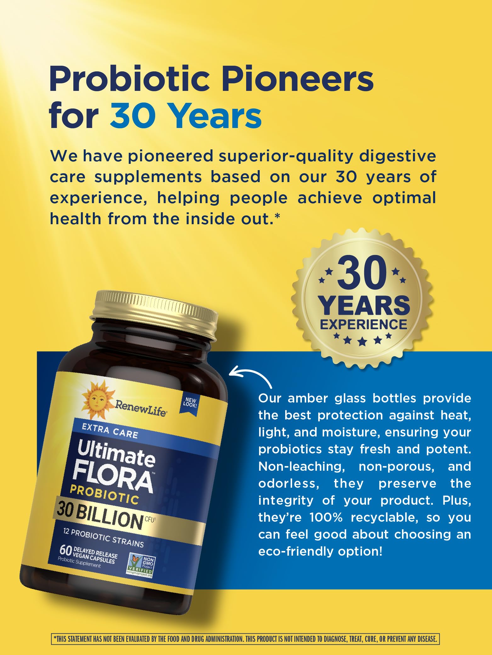 Renew Life Ultimate Flora 30 Billion CFU bottle showing delayed release capsule technology information