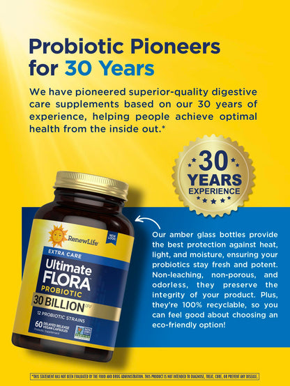 Renew Life Ultimate Flora 30 Billion CFU bottle showing delayed release capsule technology information