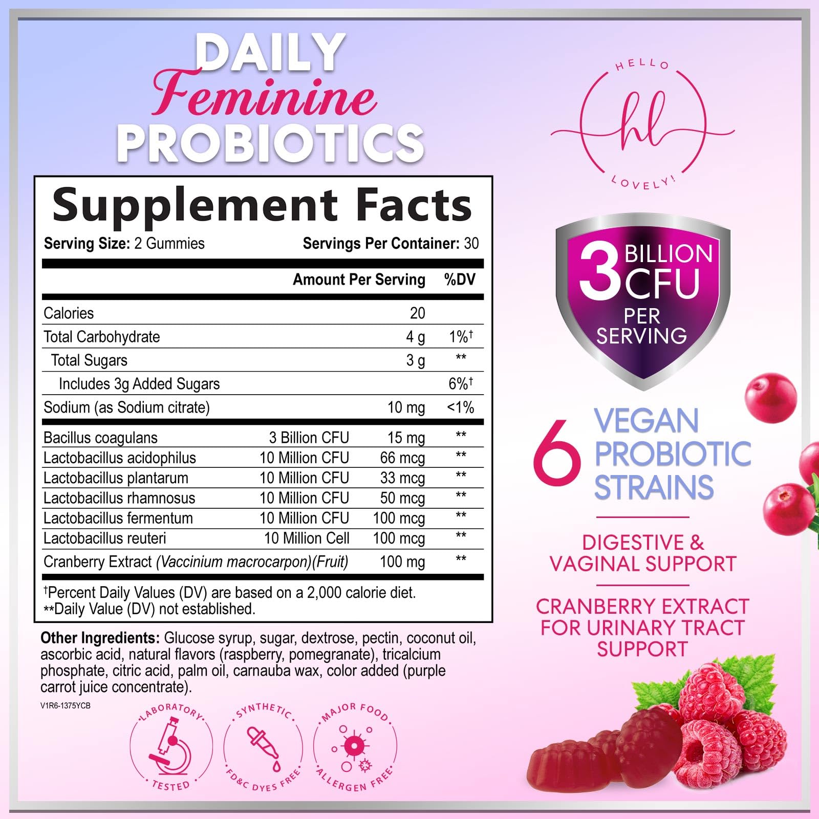 Hello Lovely womens probiotic supplement side label showing six premium strains ingredient facts