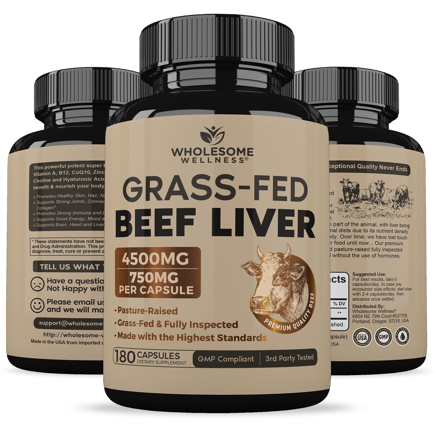 Full range view of the Wholesome Wellness 180 count beef liver bottle highlighting natural vitamin A and B12 benefits.