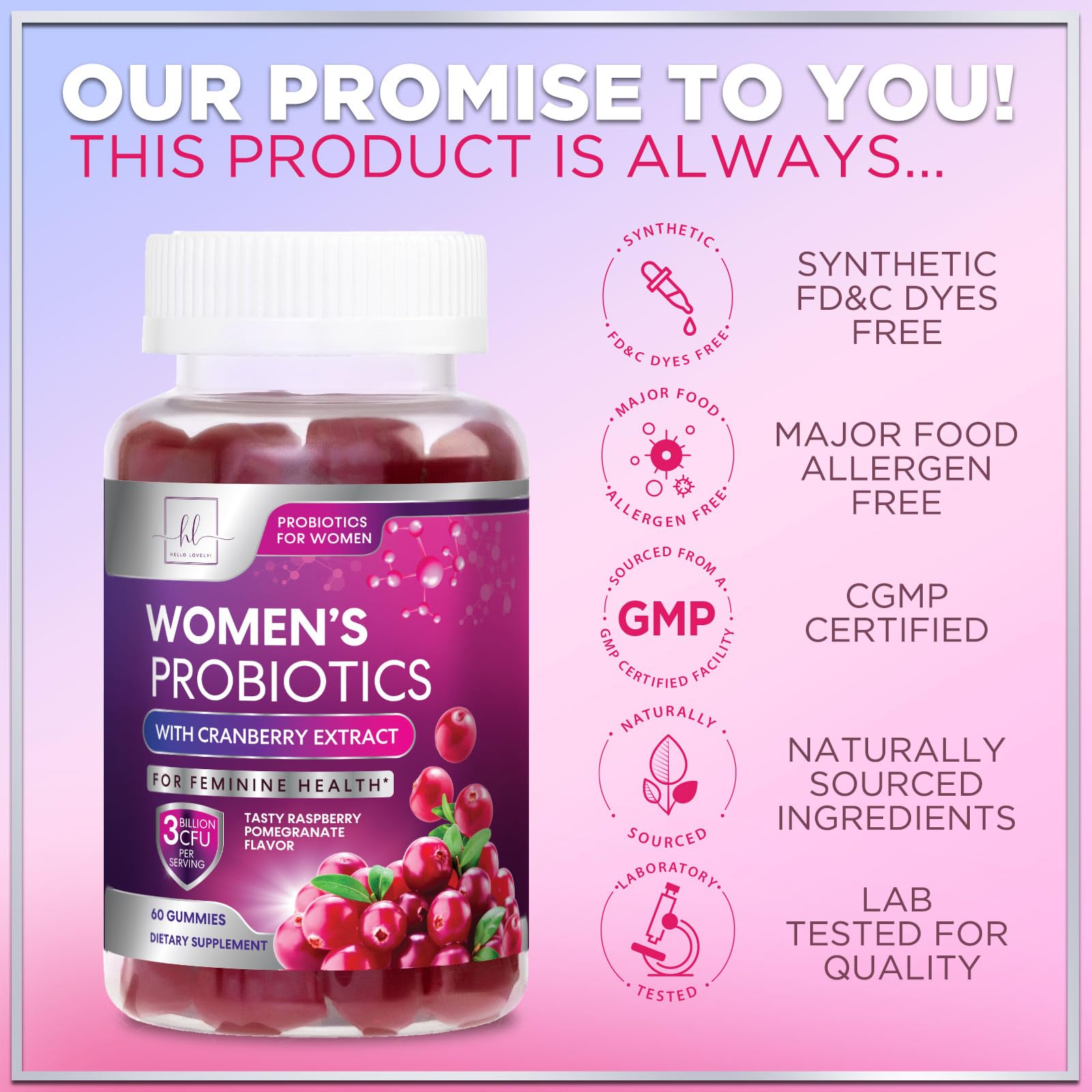Two raspberry and pomegranate flavored Hello Lovely probiotic gummies displayed outside the bottle