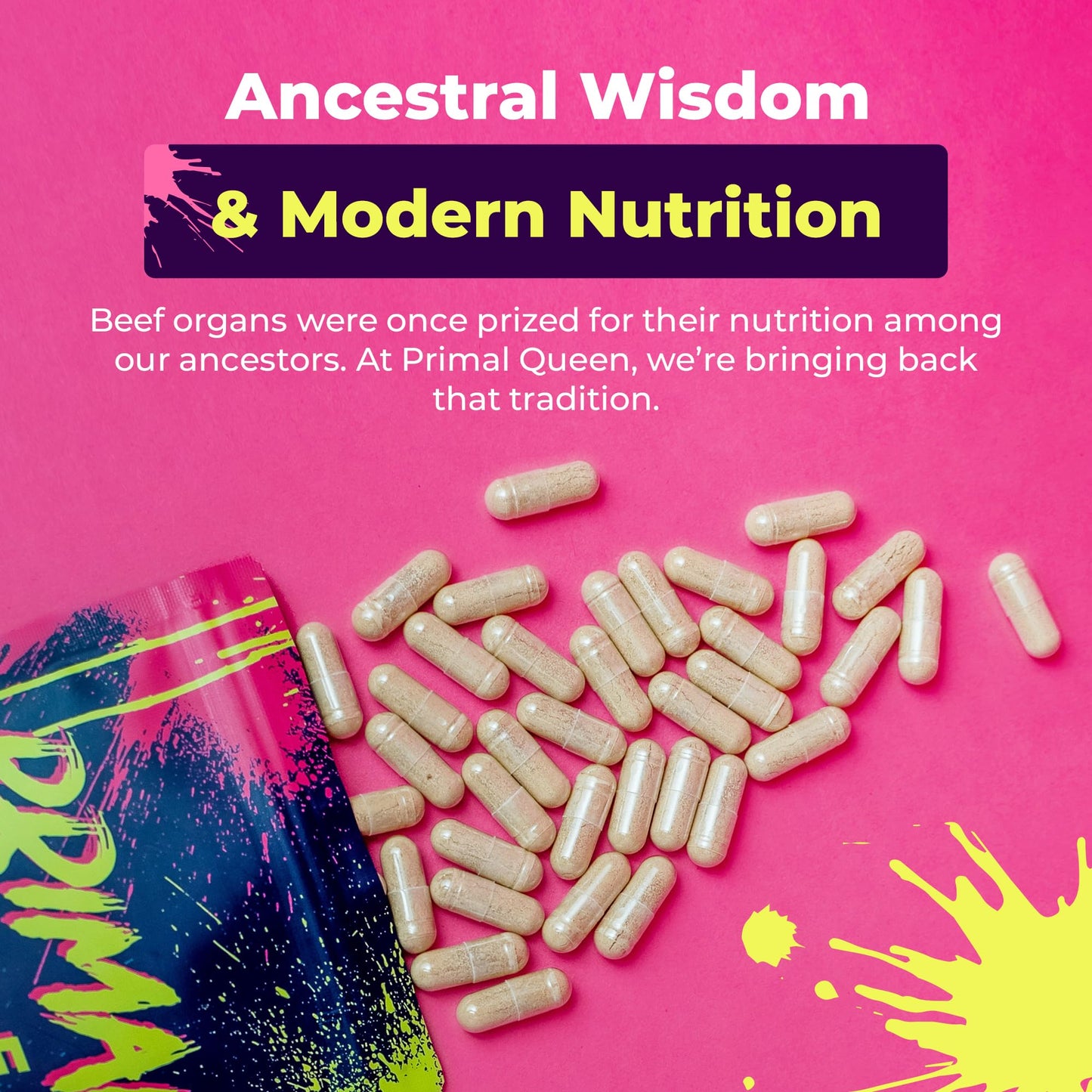 Close up view of the easy to swallow freeze dried bovine organ capsules for women wellness