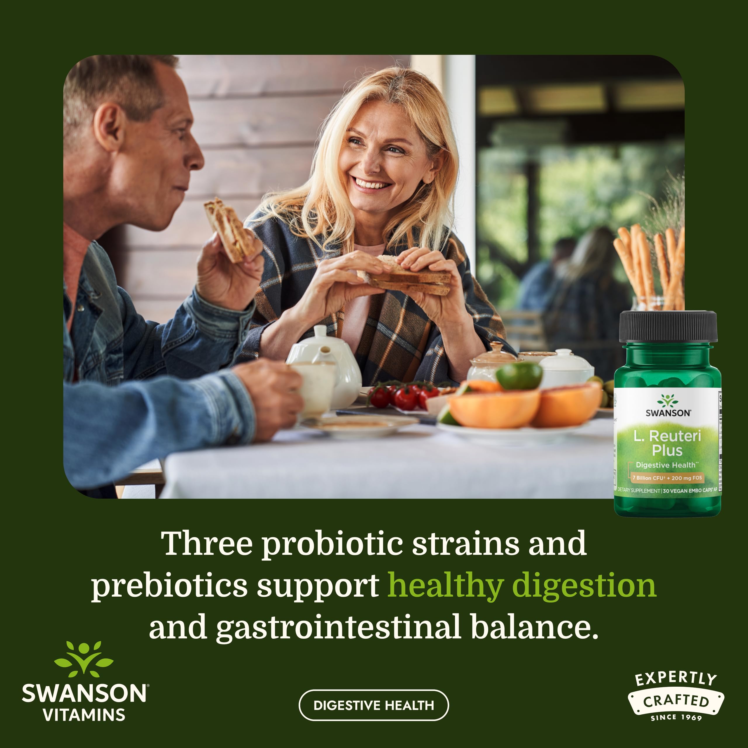 Swanson L. Reuteri Plus digestive supplement bottle showcasing probiotic strain counts.