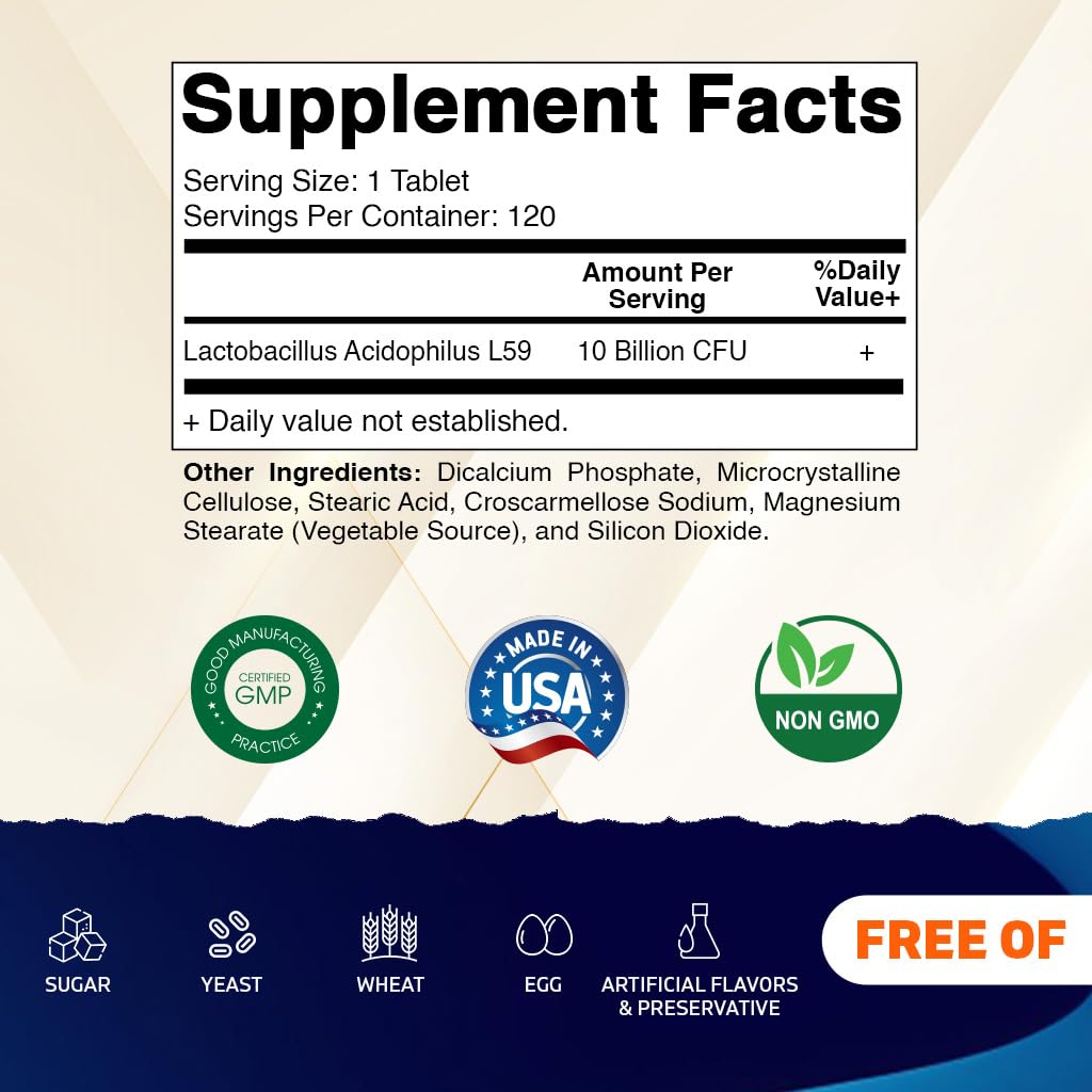 Vitamatic Acidophilus Probiotic 120 Tablets supplement facts panel showing ingredient dosage details