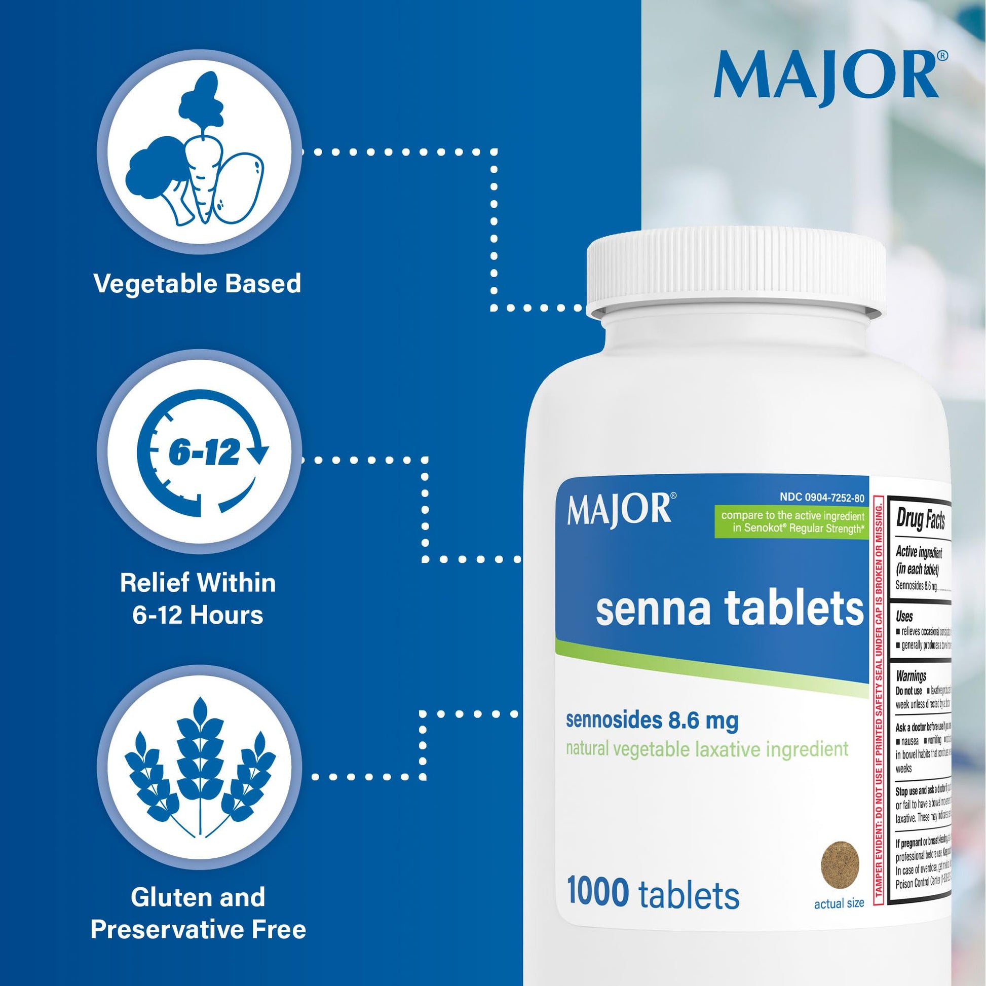 Close up of Major Senna 8.6mg tablet count and dosage information