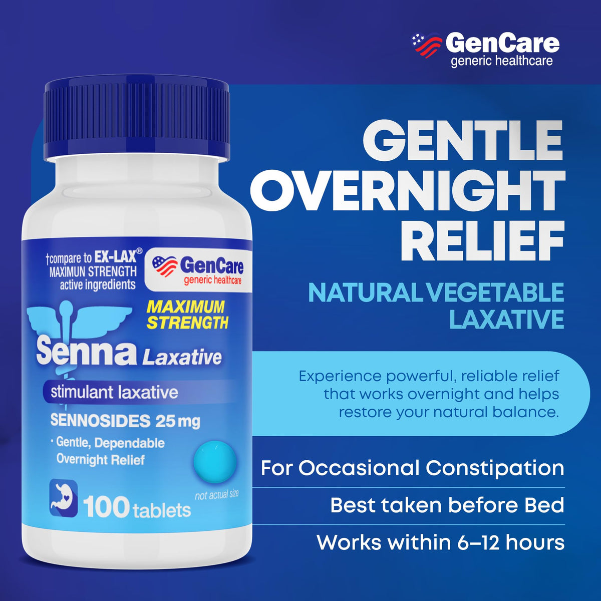 GenCare Senna laxative 25mg bottle close up showing supplement facts