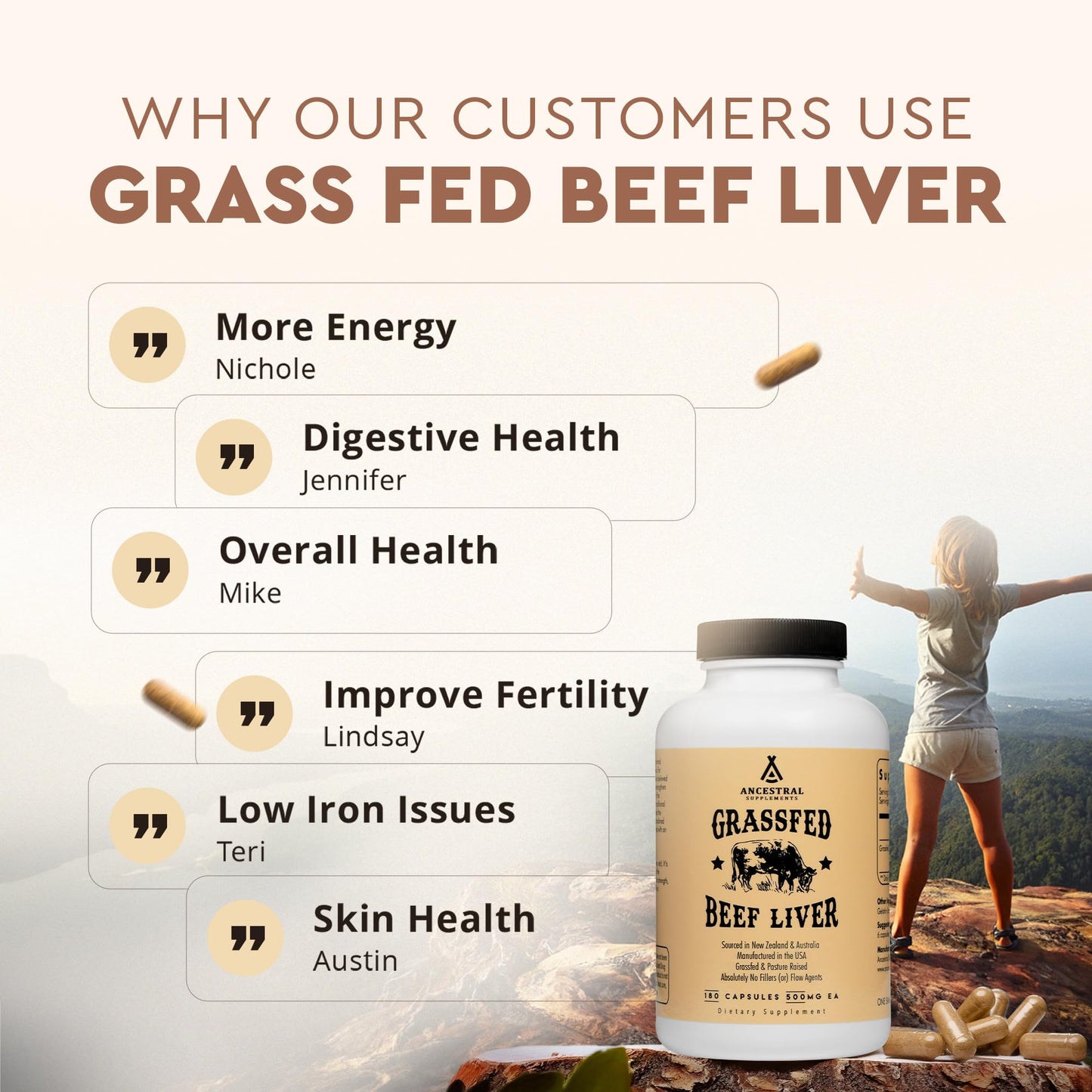 New Zealand pasture raised bovine liver dietary supplement bottle side view