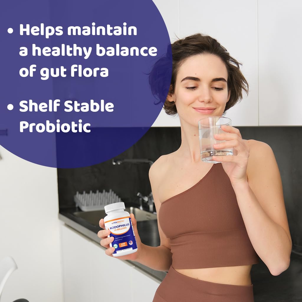 Close up look at the premium packaging of Vitamatic Acidophilus Probiotic for immune defense support