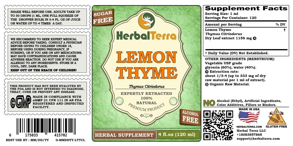 Side view of Herbal Terra alcohol free liquid extract supplement packaging detailing usage instructions and ingredients.