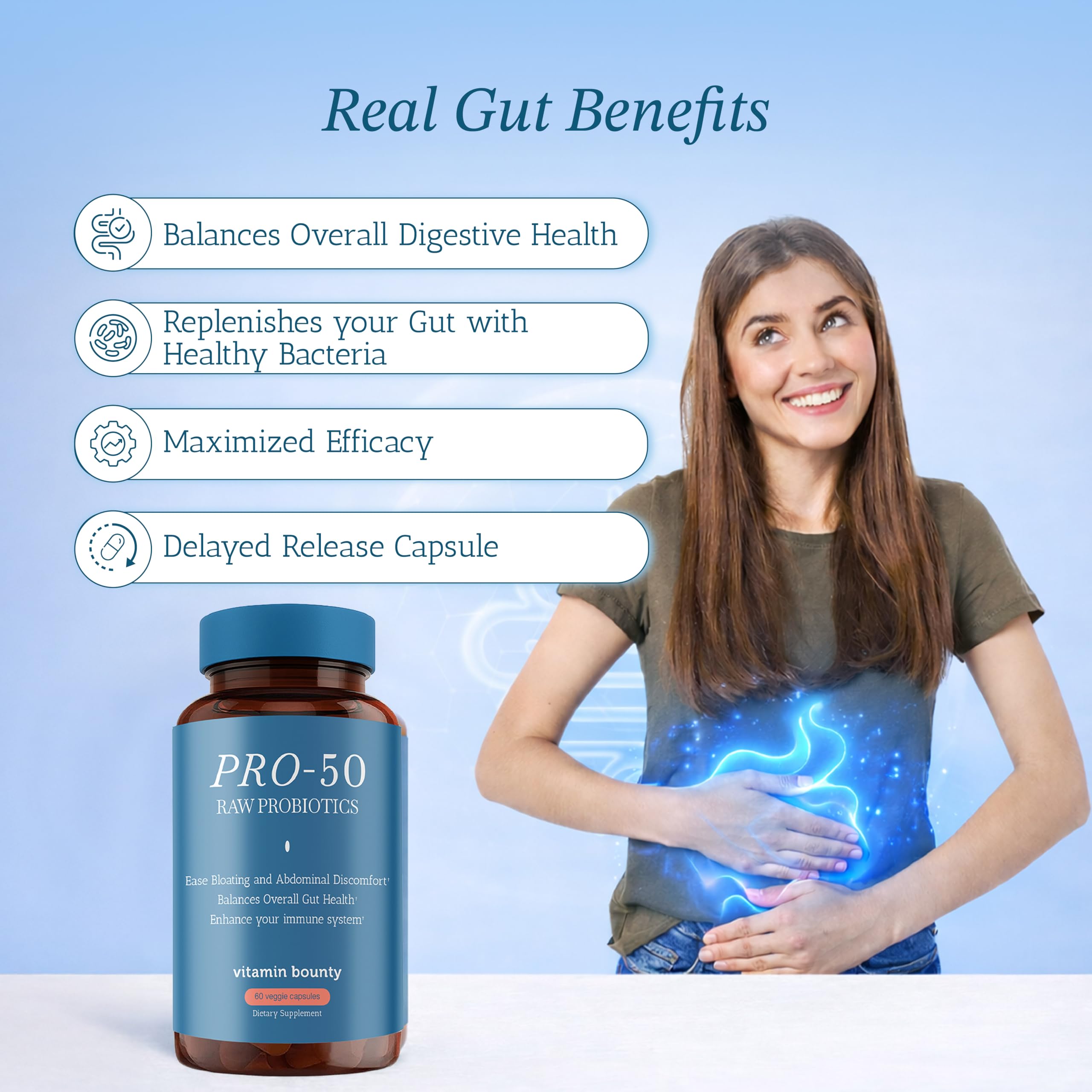 Vitamin Bounty Pro-50 50 Billion CFU supplement bottle displaying the 13 probiotic strains label