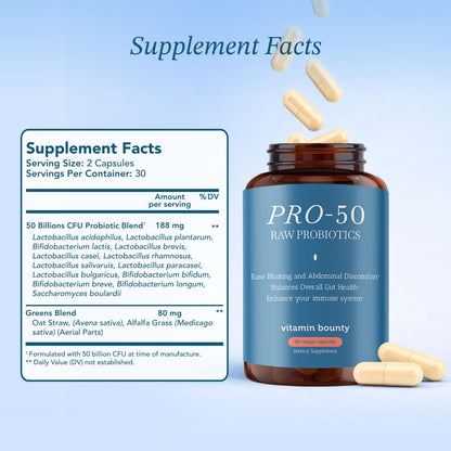 Side view of Vitamin Bounty Pro-50 prebiotics and probiotics packaging showing dosage instructions