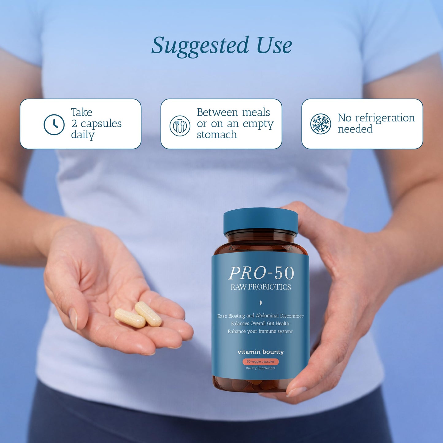 Vitamin Bounty Pro-50 multi strain probiotic capsules next to its premium imported packaging
