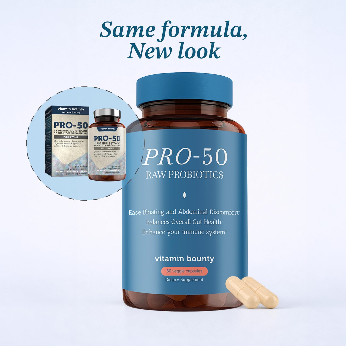 Close-up of the supplement facts and ingredients on the Vitamin Bounty Pro-50 60 capsules bottle