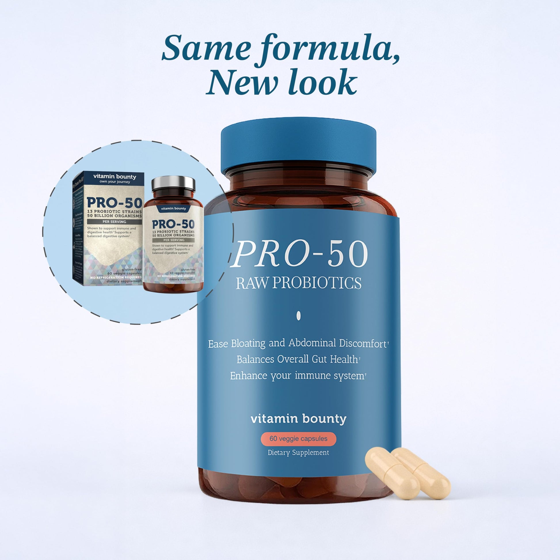 Close-up of the supplement facts and ingredients on the Vitamin Bounty Pro-50 60 capsules bottle