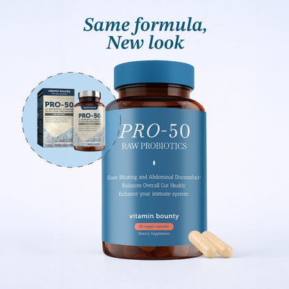Close-up of the supplement facts and ingredients on the Vitamin Bounty Pro-50 60 capsules bottle