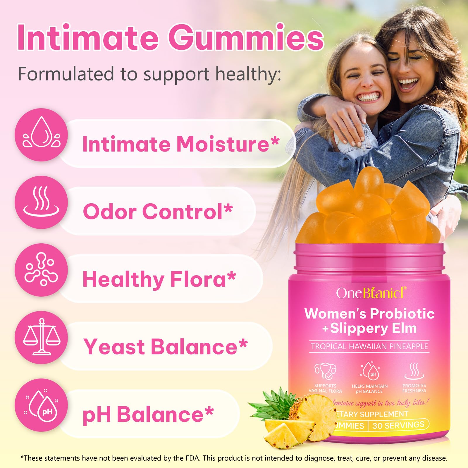 Close up view of pineapple flavored bnHUlMXw prebiotic and slippery elm chewable gummies