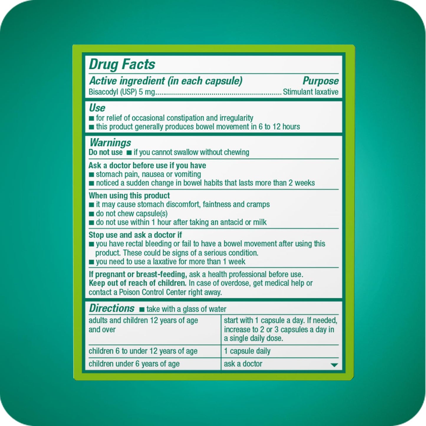 Dulcolax liquid gels 20 count package side view
