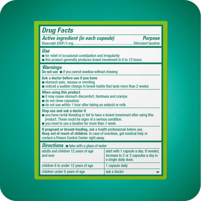 Dulcolax liquid gels 20 count package side view
