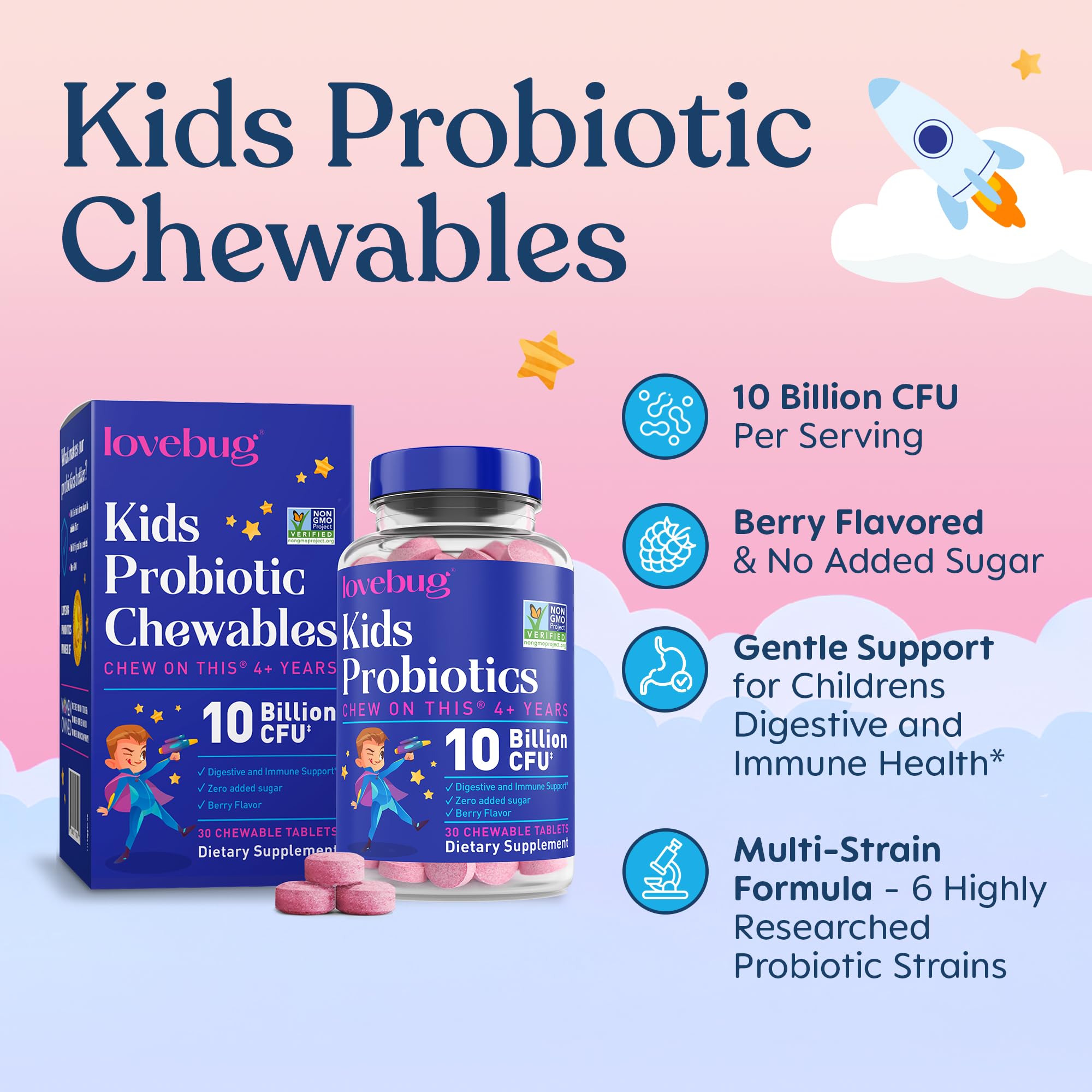 Lovebug sugar free daily children gut health supplement container showing the nutritional facts panel.
