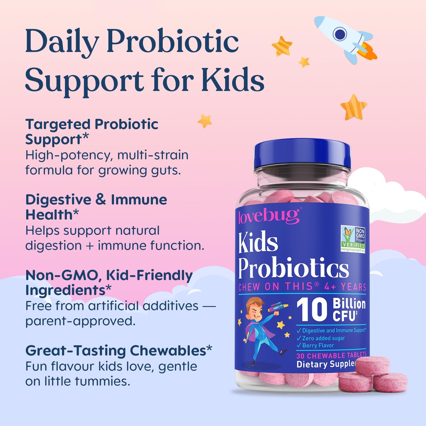 Lovebug 10 billion CFU multi strain probiotic tablets displaying the natural berry flavor logo.