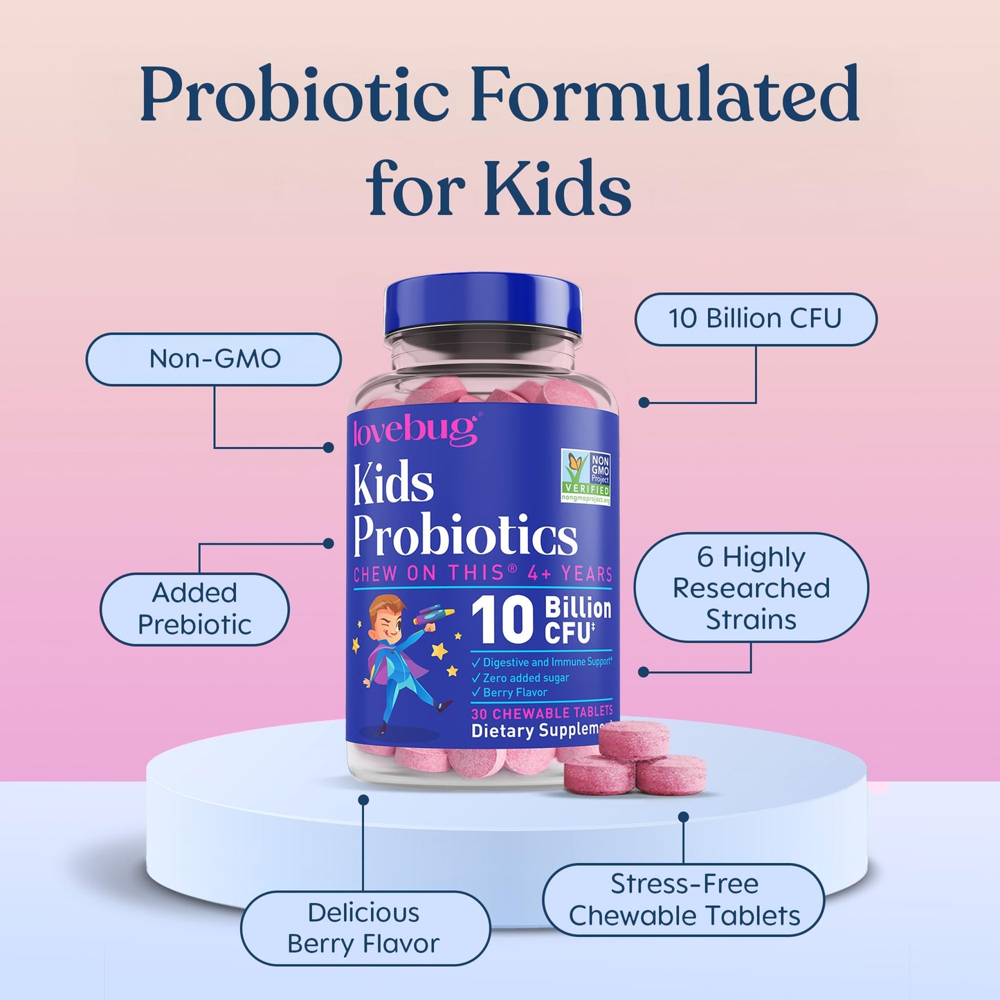 Lovebug kids chewable probiotic with prebiotic fiber bottle angle view demonstrating safe allergen free formula.