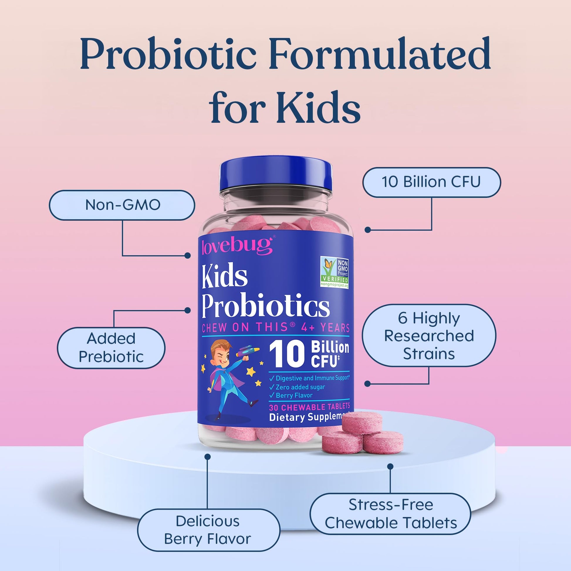 Lovebug kids chewable probiotic with prebiotic fiber bottle angle view demonstrating safe allergen free formula.