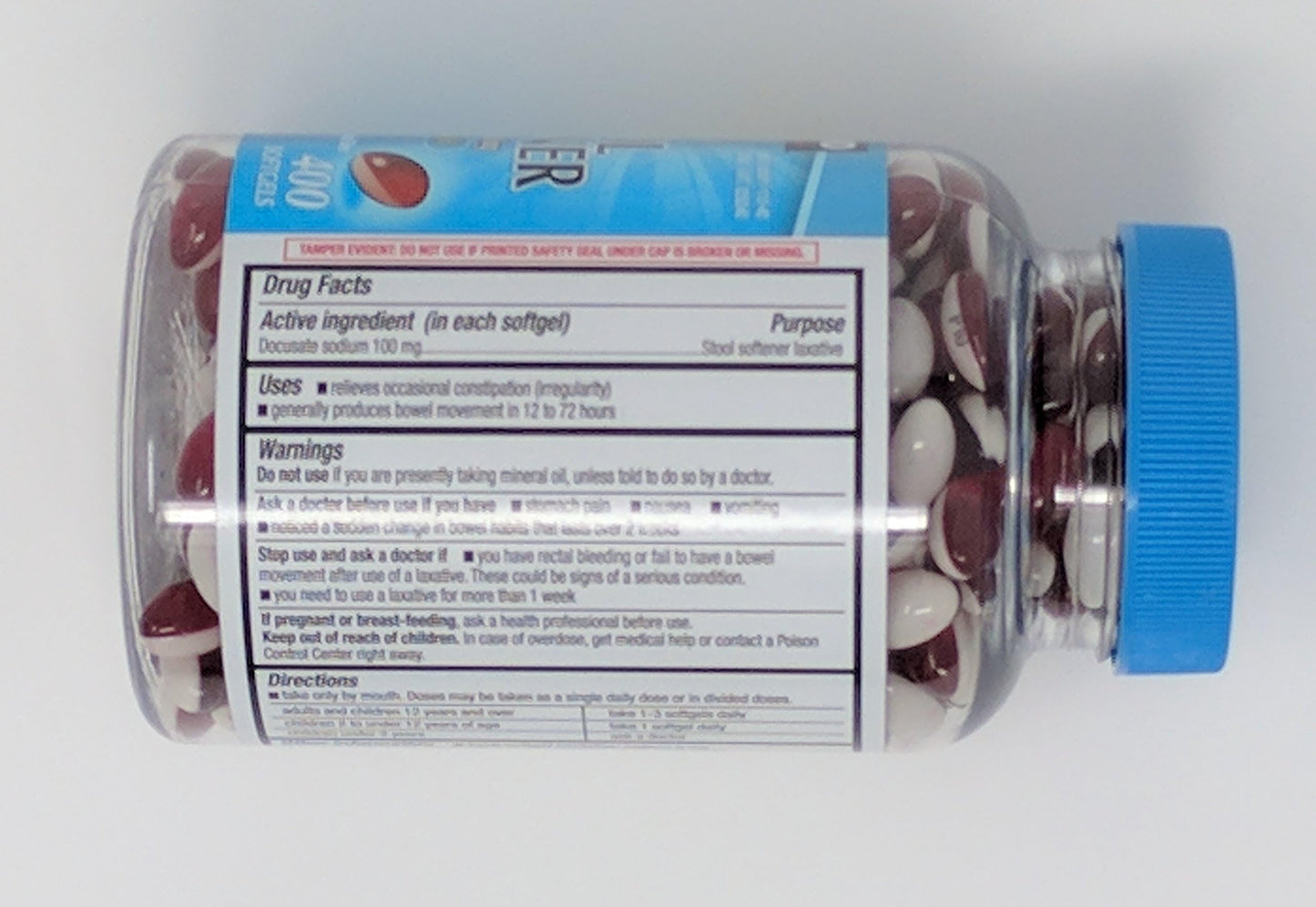 Close up of Kirkland Signature Stool Softener bottle label details