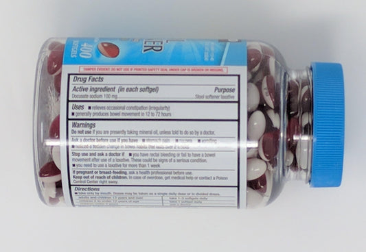 Close up of Kirkland Signature Stool Softener bottle label details