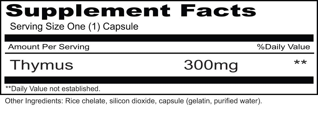 Priority One Thymus 90 capsules packaging detail showing Denmark sourced hormone free certification.
