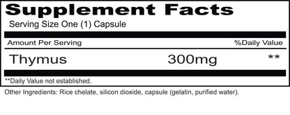 Priority One Thymus 90 capsules packaging detail showing Denmark sourced hormone free certification.