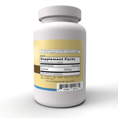 Supplement facts panel on Priority One Vitamins Thymus showing 300mg glandular concentrate per capsule.