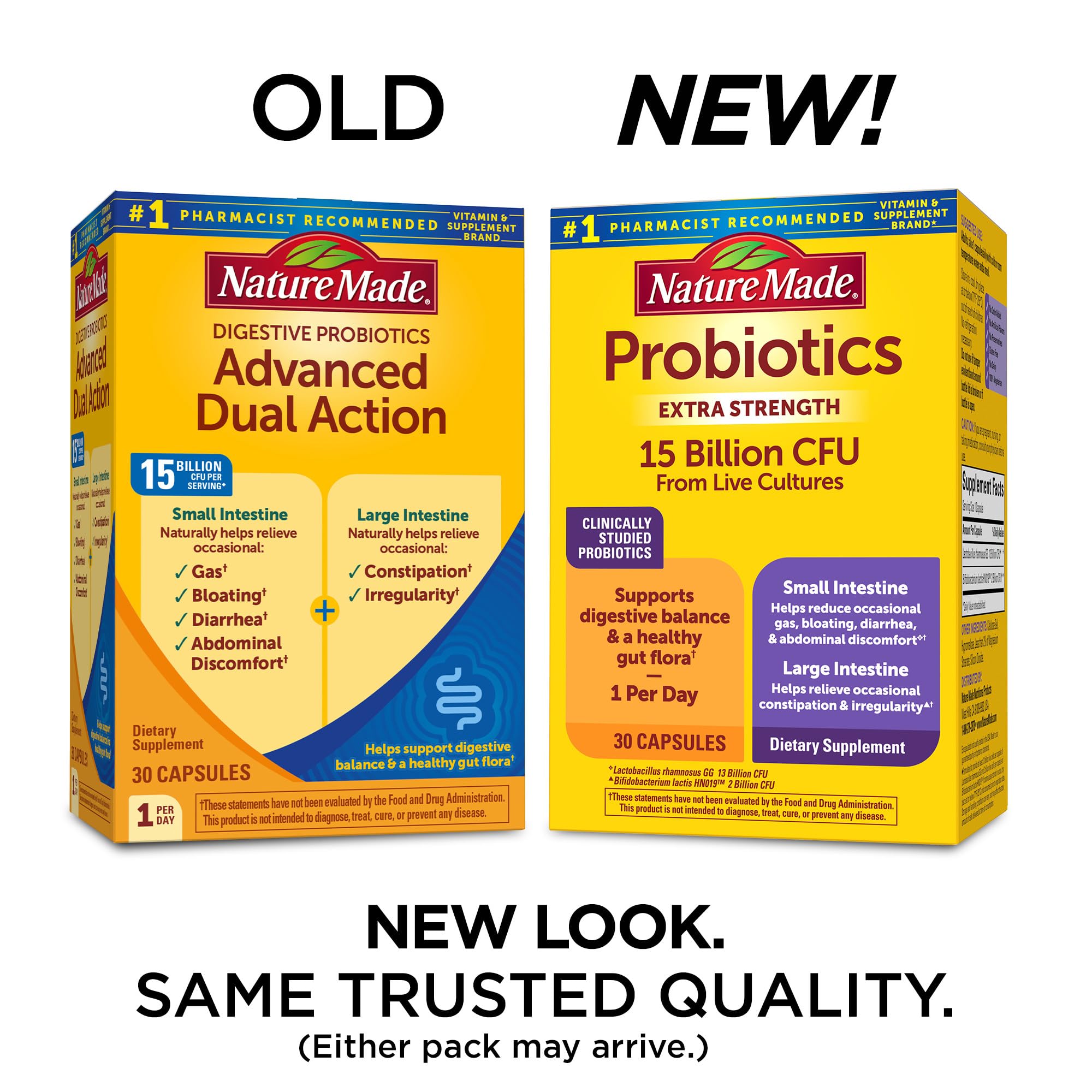 Nature Made 15 Billion CFU probiotic supplement packaging detailing live culture strains and intestinal support benefits.