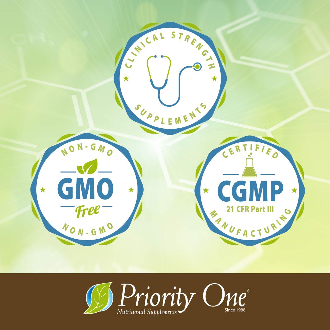 Close-up of Priority One Vitamins non-GMO and gluten-free glandular dietary supplement label.