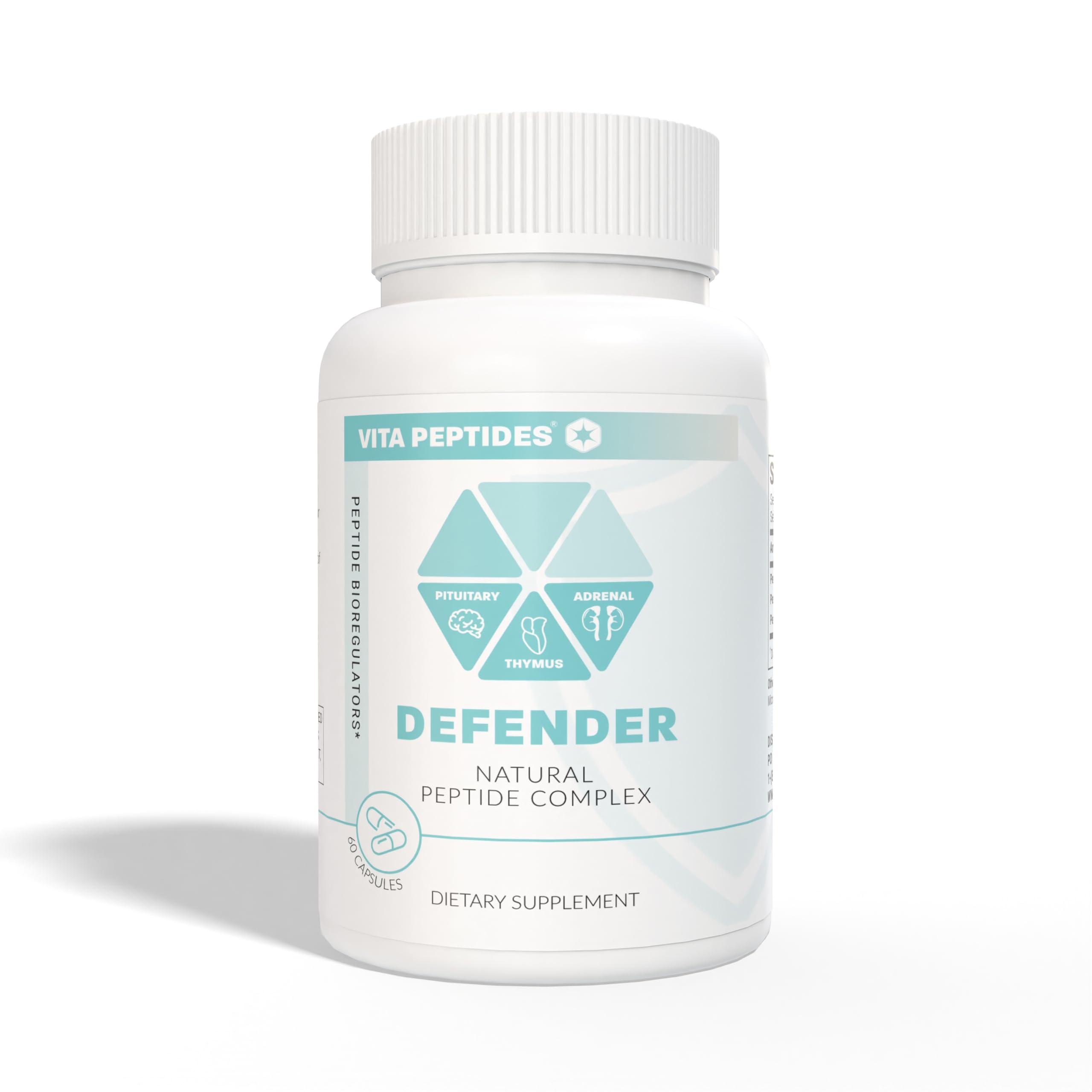 Vita Peptides Defender dietary supplement bottle showing natural peptide complex product facts