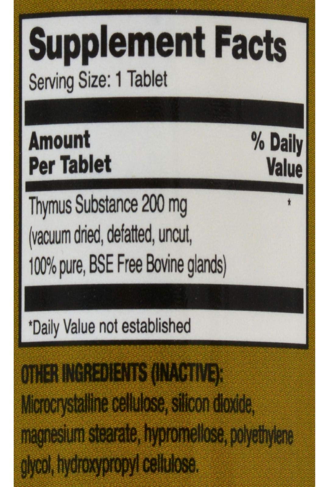 Supplements label close up showing 200 milligrams raw bovine thymus tissue ingredients list