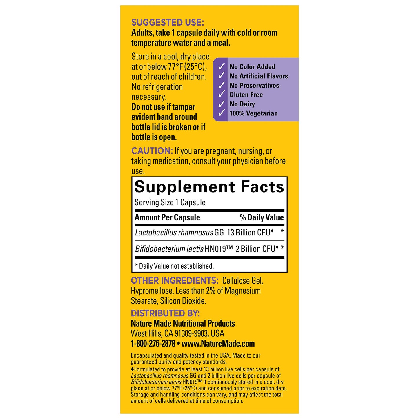Close-up of the capsule count and extra strength formulation label on the Nature Made probiotic bottle.