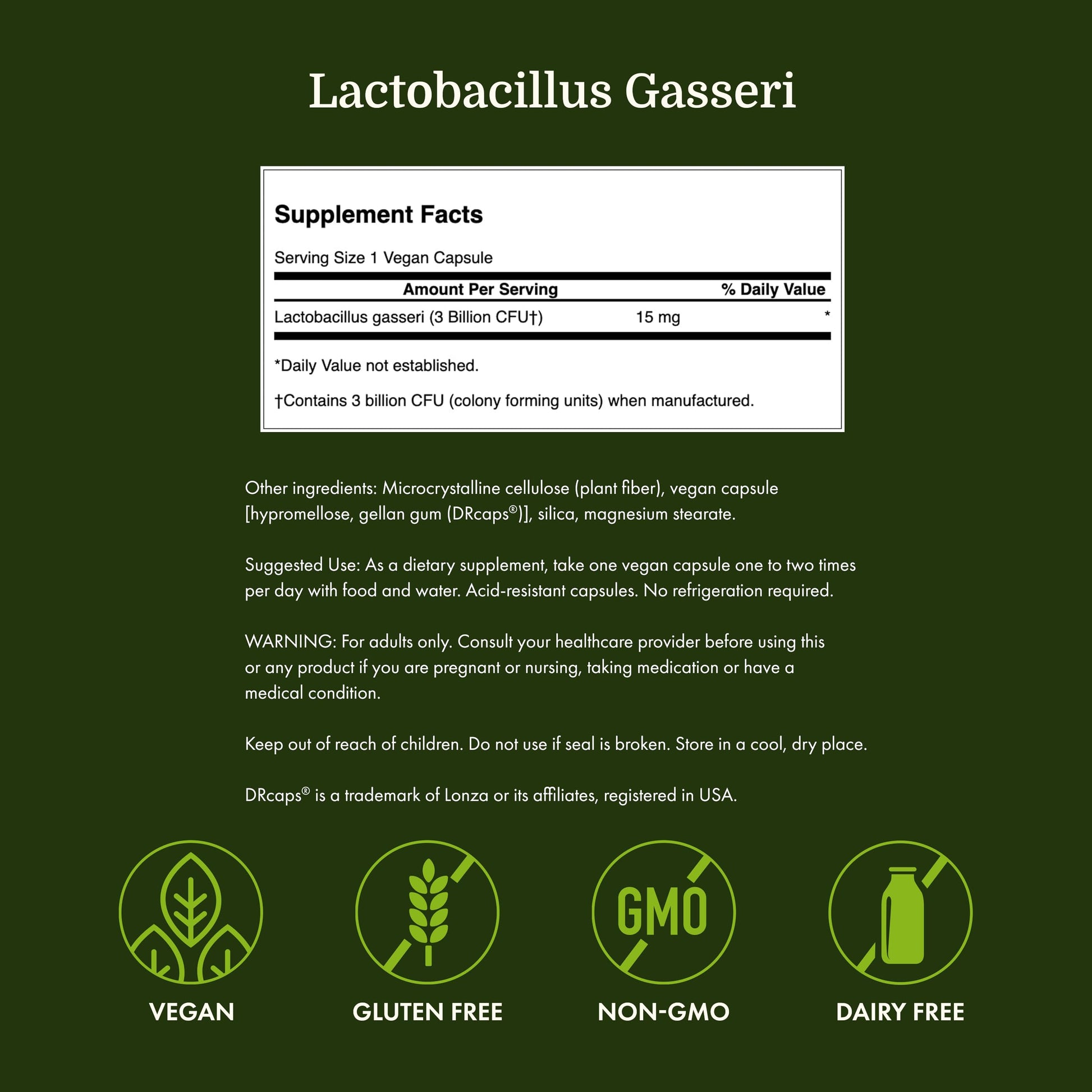 Side angle view of Swanson Lactobacillus Gasseri imported digestive health supplement container