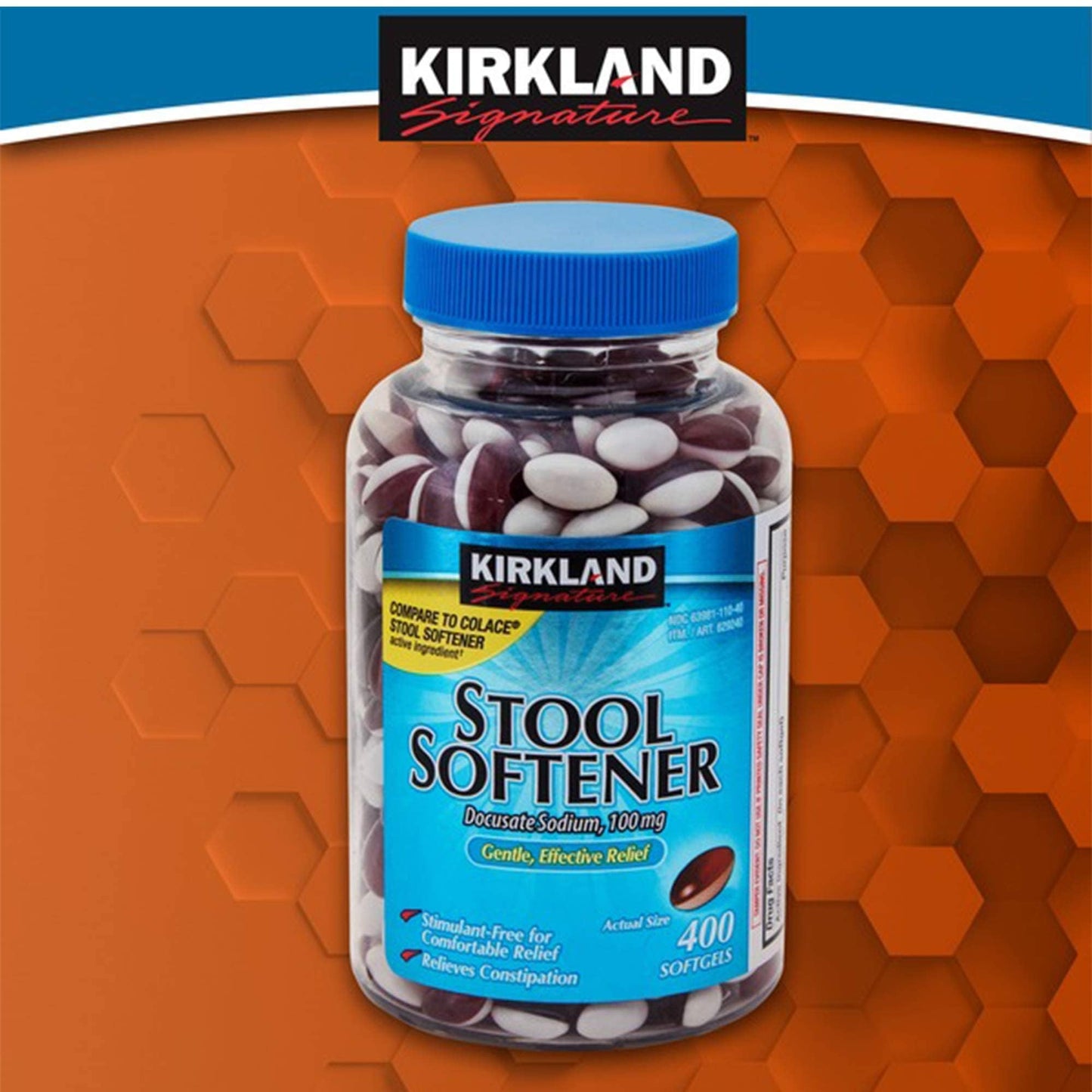 Kirkland Signature Stool Softener 400 Softgels package for constipation relief
