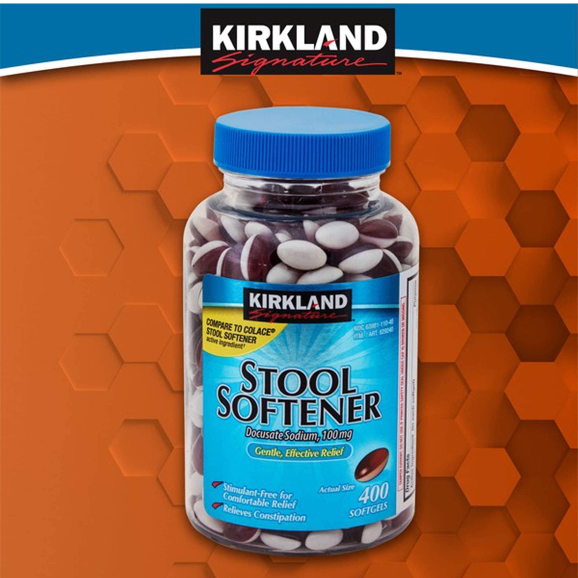 Kirkland Signature Stool Softener 400 Softgels package for constipation relief