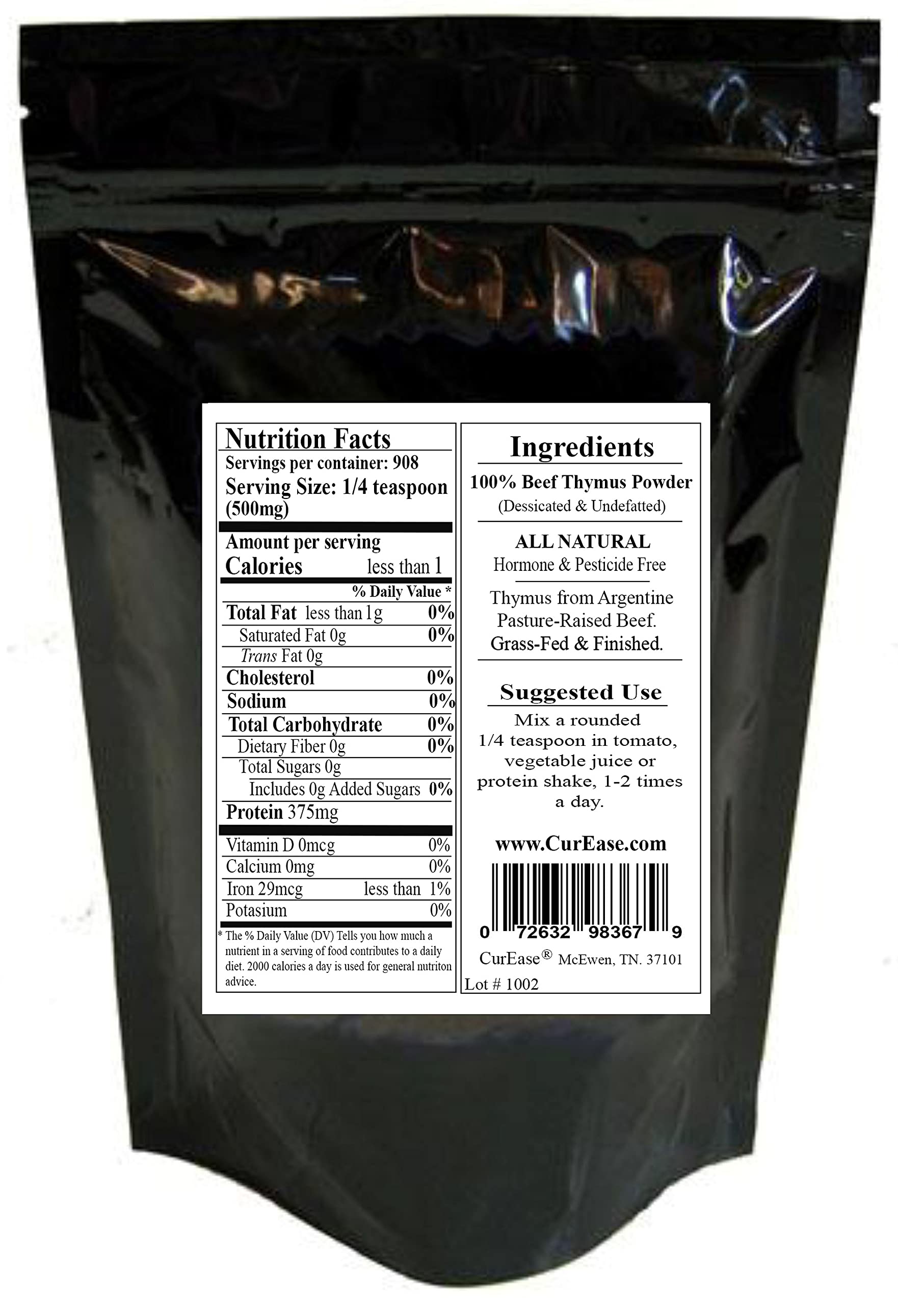 CurEase grass fed and finished beef thymus superfood nutrition label showing pure ingredients