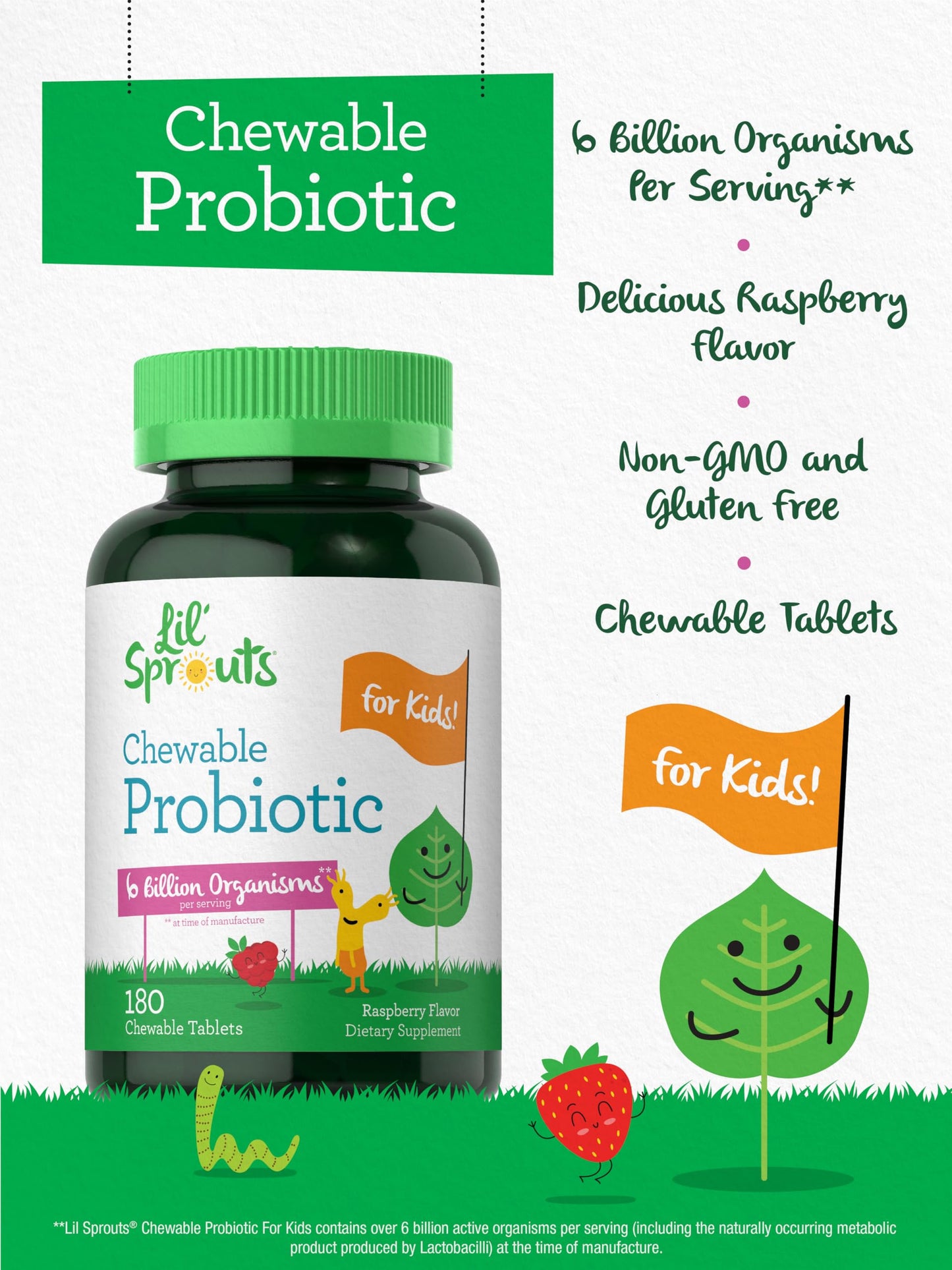 Six billion CFUs kids probiotic chewable supplement bottle seals