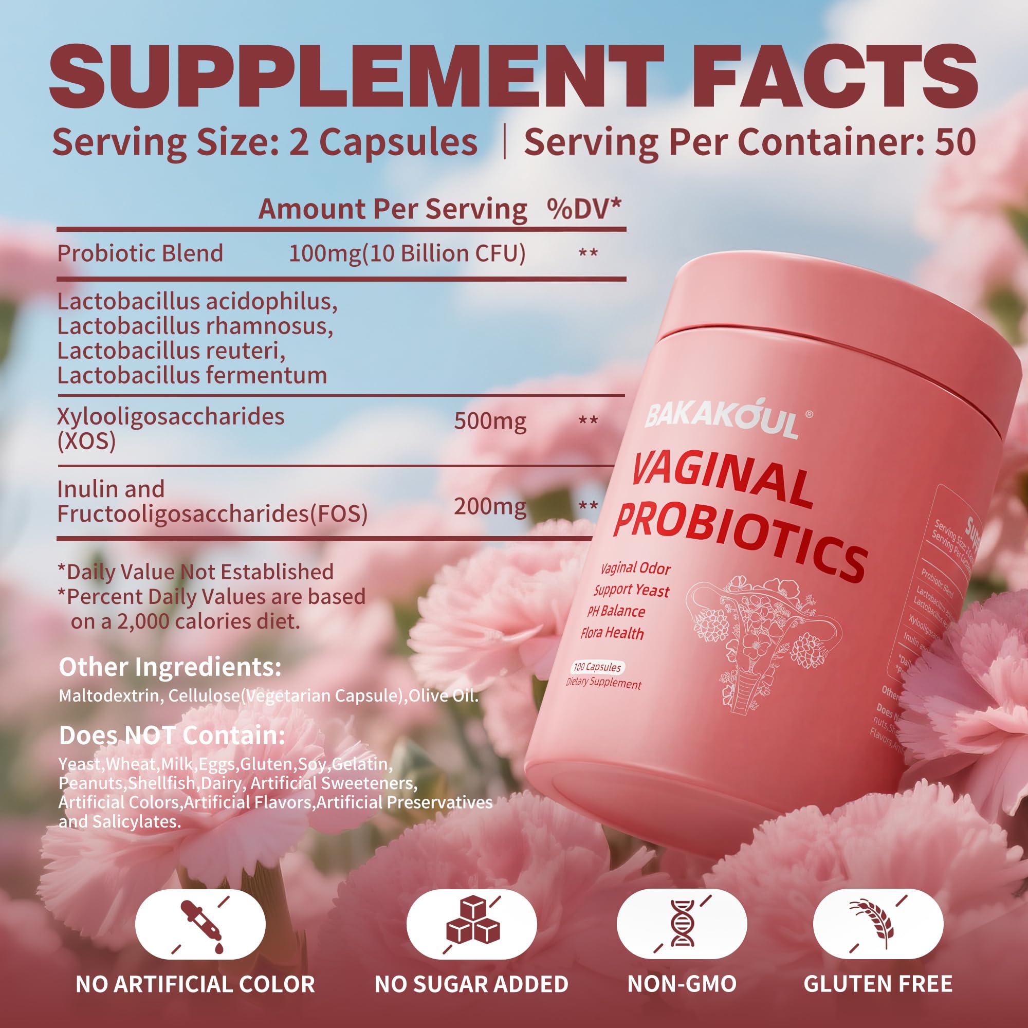 Bakakoul feminine pH balance supplement capsules showcasing prebiotics ingredient details
