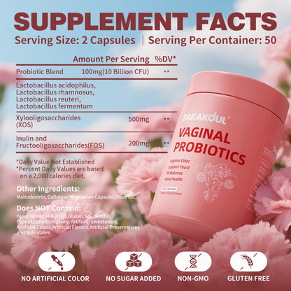 Bakakoul feminine pH balance supplement capsules showcasing prebiotics ingredient details