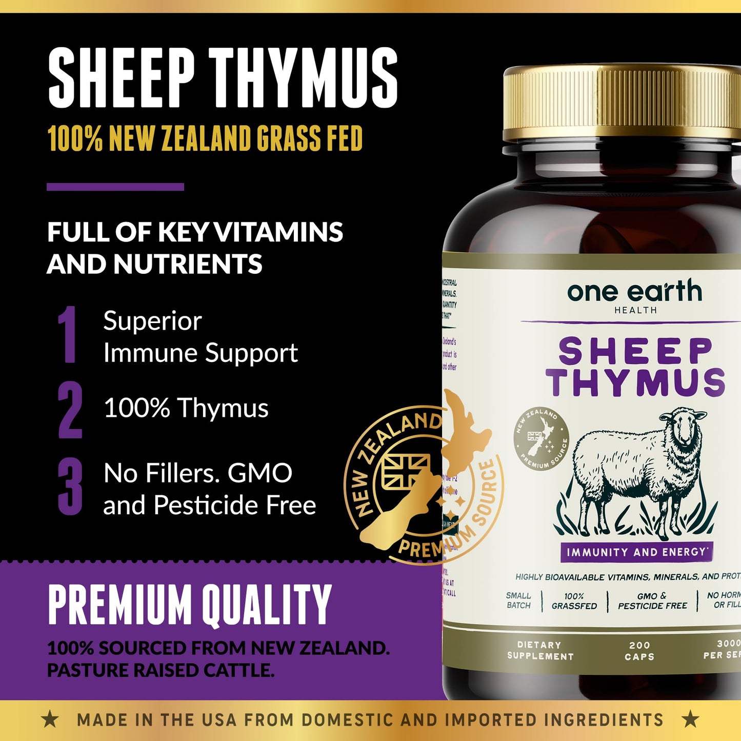 Side view of One Earth Health supplement showcasing the GMO free and hormone free product certifications.