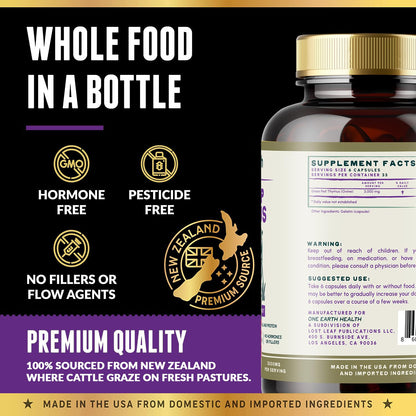 One Earth Health Grass Fed Thymus bottle standing upright highlighting T cell development benefits.